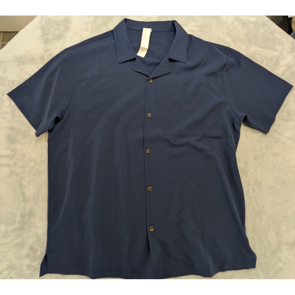 Fabletics Mens Large Blue Button Front Shirt Short Sleeve Stretch Casual